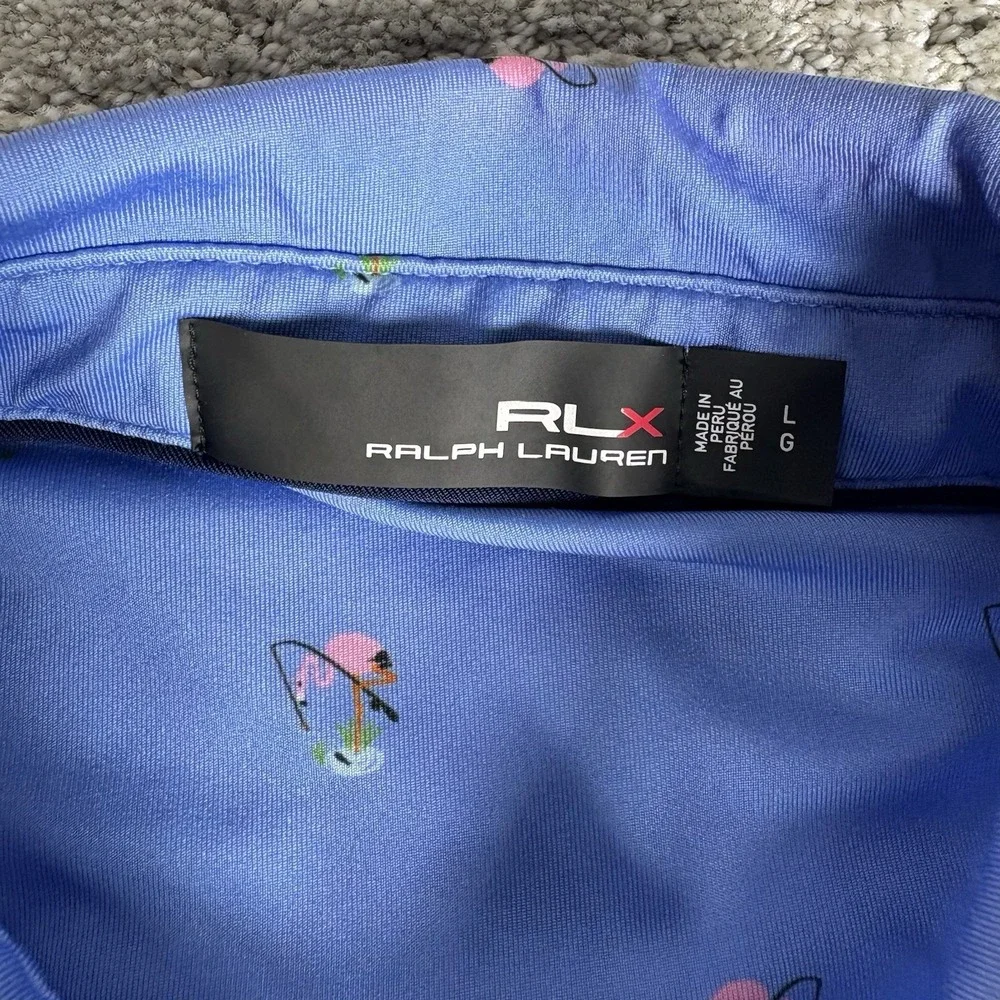 RLX Ralph Lauren Polo Shirt Mens L Blue Golf Flamingo Print Wicking Stretch